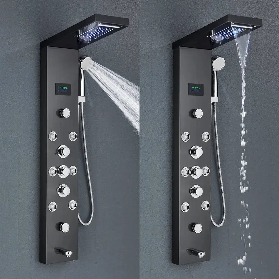 Black matte shower panel with chrome accents and multiple spray settings in decorbites led rainfall system with temperature screen