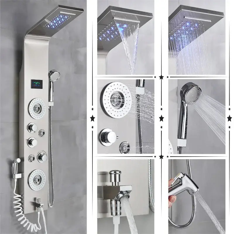 Modern chrome-finished decorbites led rainfall shower panel with large rainhead multiple handshowers and digital display