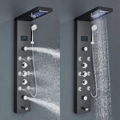 Black matte shower panel with chrome knobs digital display rainfall shower and handheld spray by decorbites led rainfall