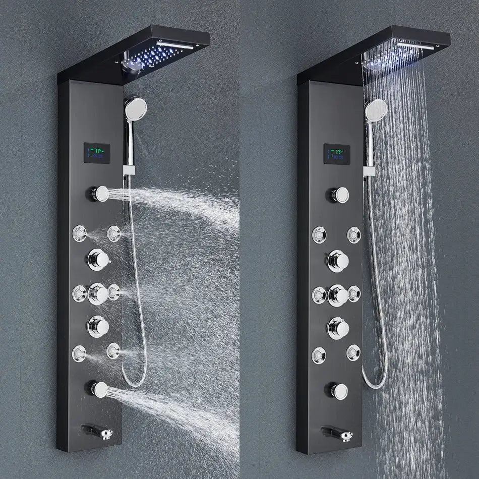 Black matte shower panel with chrome knobs digital display rainfall shower and handheld spray by decorbites led rainfall