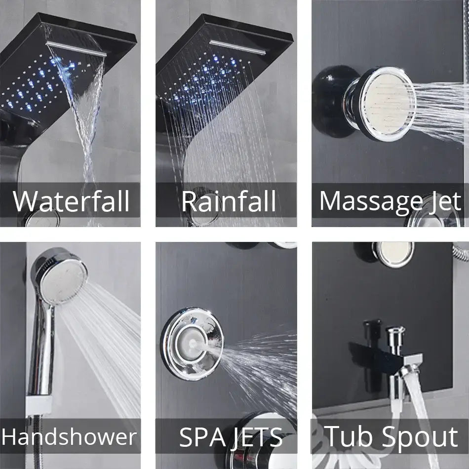 Black and chrome decorbites led rainfall shower panel system featuring waterfall, massage jets, handshower, and tub spout designs
