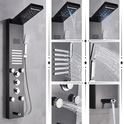 Black modern DecorBites™ LED rainfall shower panel system with chrome accents, temperature screen, and multiple spray settings