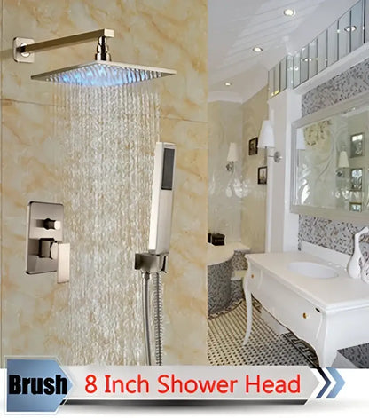 Brush 8 inch square shower head with brushed chrome finish and integrated led lighting in decorbites led rainfall shower set
