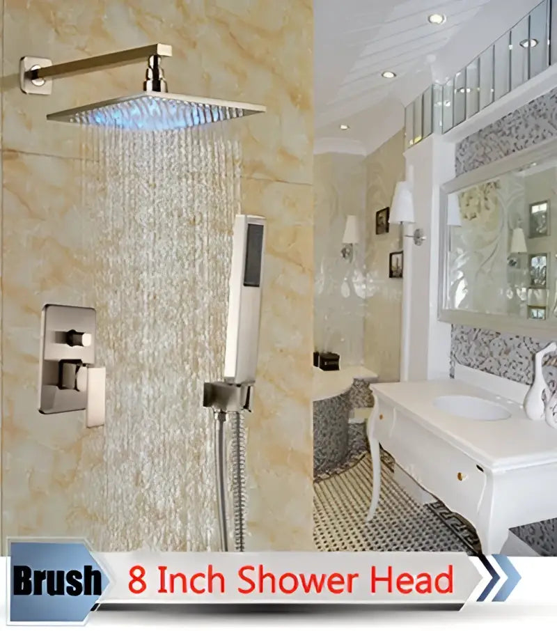 Brush 8 inch square shower head with brushed chrome finish and integrated led lighting in decorbites led rainfall shower set