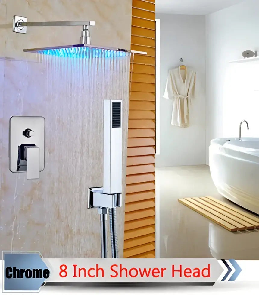 Chrome finished 8 inch square shower head with blue led lighting in decorbites led rainfall shower set