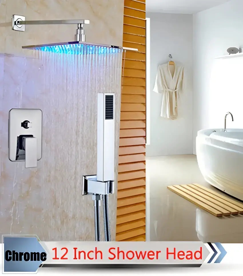 Chrome finished 12-inch square led rainfall shower head with lighting from DecorBites LED rainfall shower set