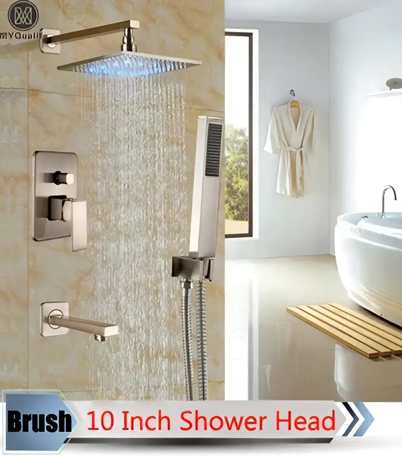 Brush 10 inch shower head with brushed stainless steel finish and blue led lighting in decorbites led rainfall shower set