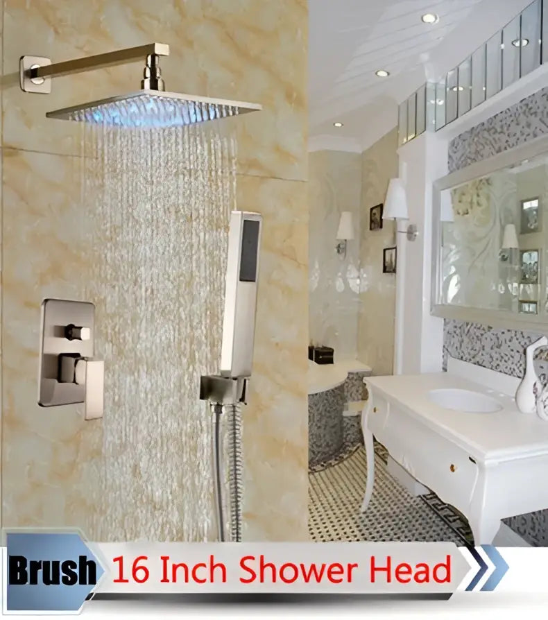 Brush 16 inch square shower head with brushed nickel finish and blue led lighting in decorbites led rainfall shower set