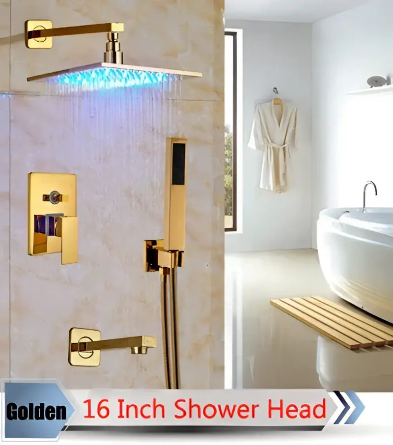 Gold-finished 16-inch decorbites led rainfall shower head with blue led lighting in a modern shower set