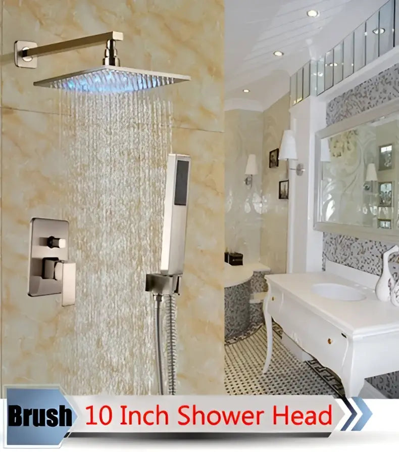 Brush 10 inch shower head with square face and blue led lighting in decorbites led rainfall shower set