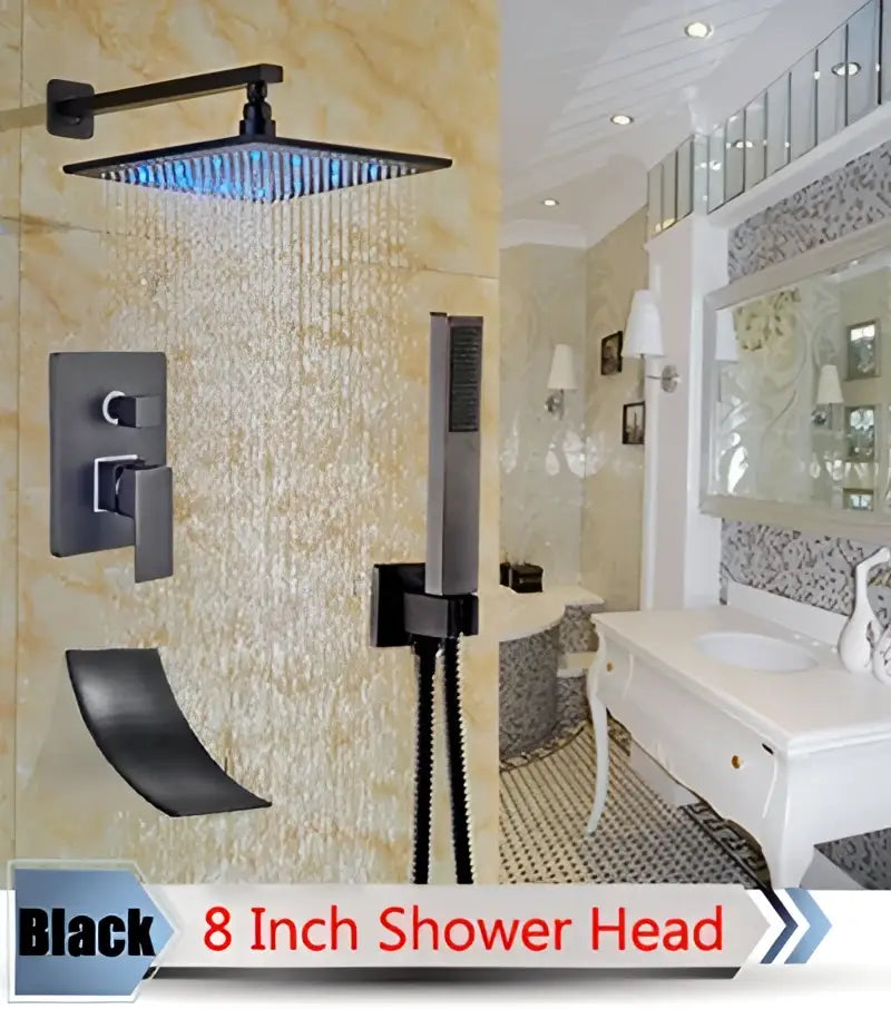 Black 8-inch square shower head with blue led lighting from decorbites led rainfall shower set for modern bathrooms