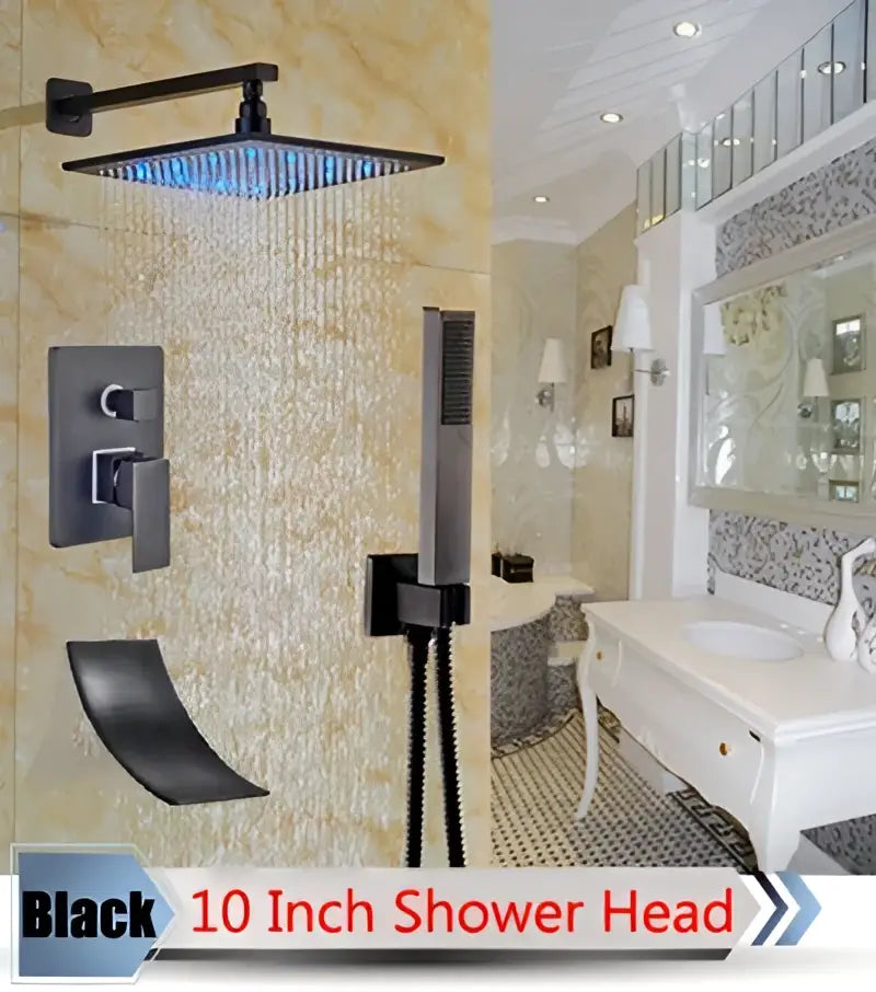 Decorbites led rainfall shower set black 10 inch square matte finish shower head with modern sleek design