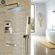 Modern brushed nickel square rain shower head with blue led lighting in DecorBites LED rainfall shower set