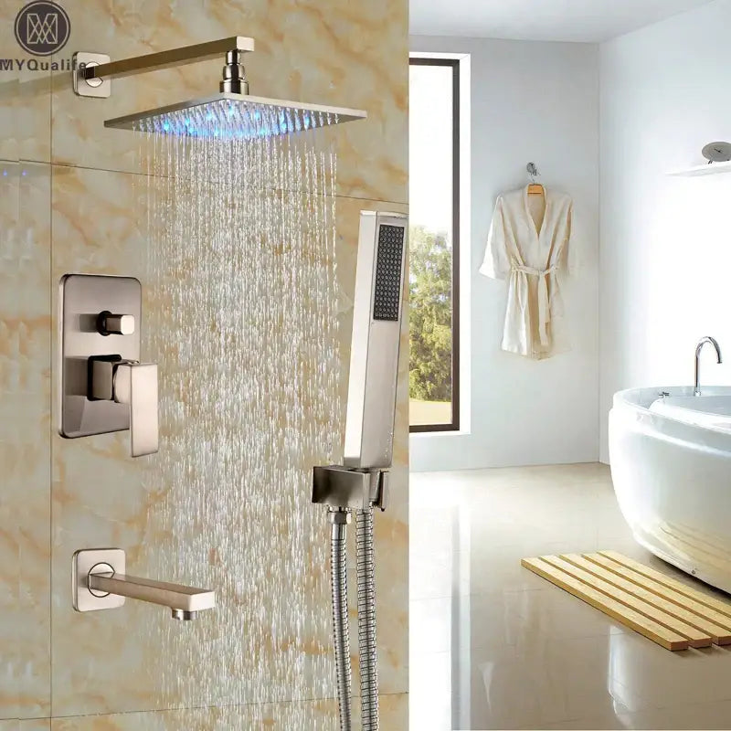 Modern brushed nickel square rain shower head with blue led lighting in DecorBites LED rainfall shower set