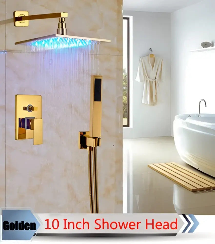 Golden 10 inch square decorbites led rainfall shower head with blue led lighting and brushed gold finish for shower set
