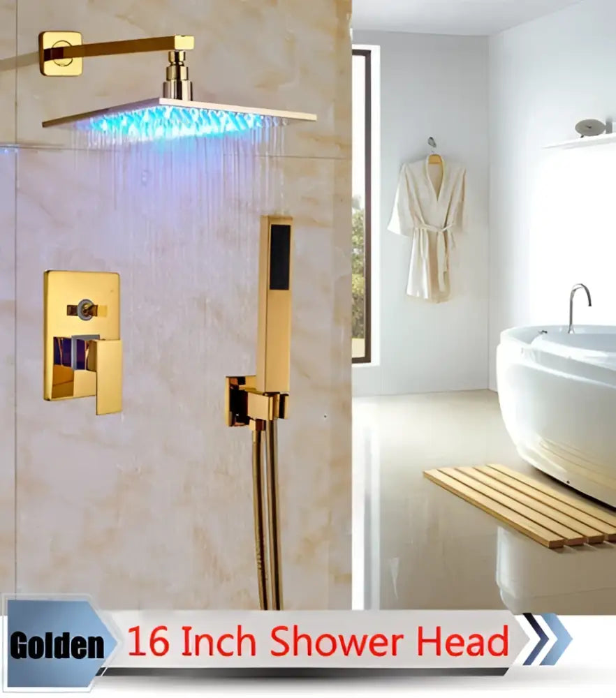 Golden 16 inch square shower head with blue led lighting for decorbites led rainfall shower set with handheld spray