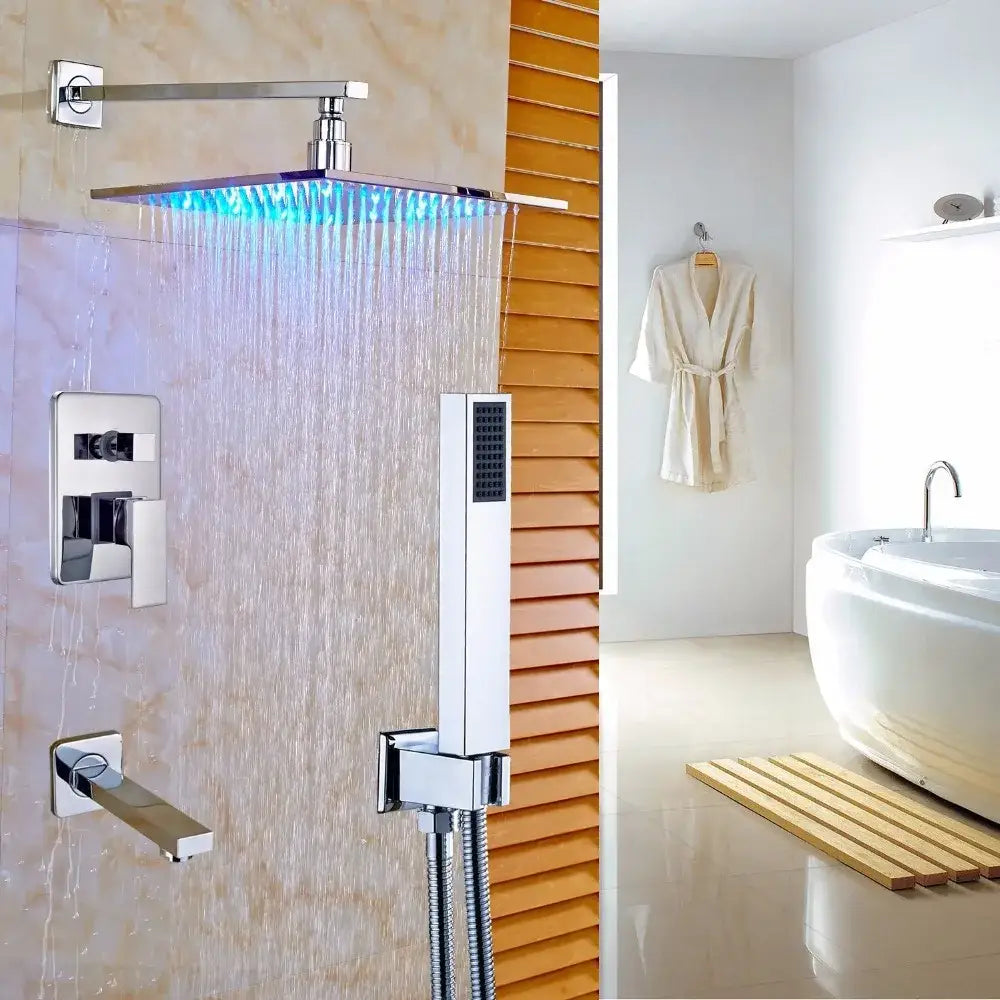 Modern chrome finished decorbites led rainfall shower set featuring an led rainfall shower head with blue led lighting