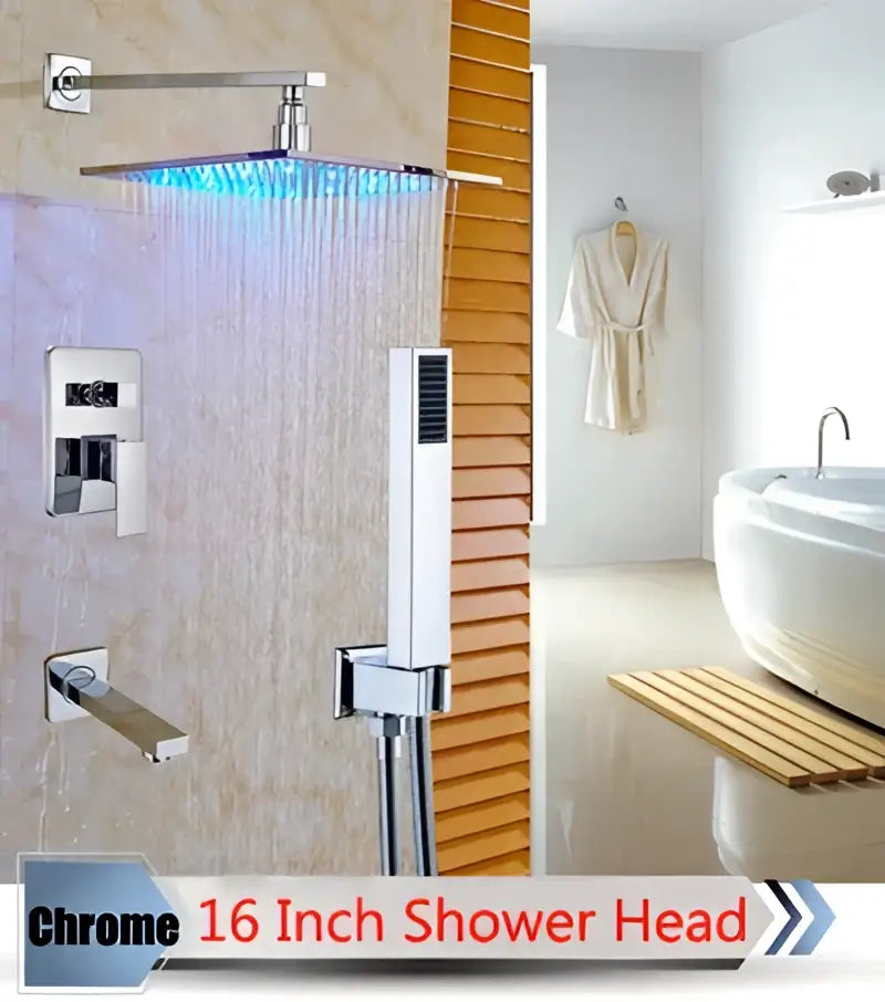 Chrome finished 16 inch square shower head with rain like spray from decorbites led rainfall shower set