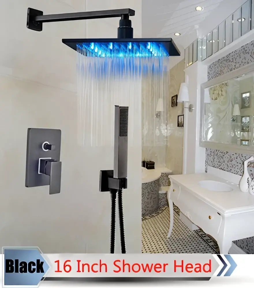 Black 16 inch decorbites led rainfall shower head with blue led lighting in rainfall shower set with handheld spray