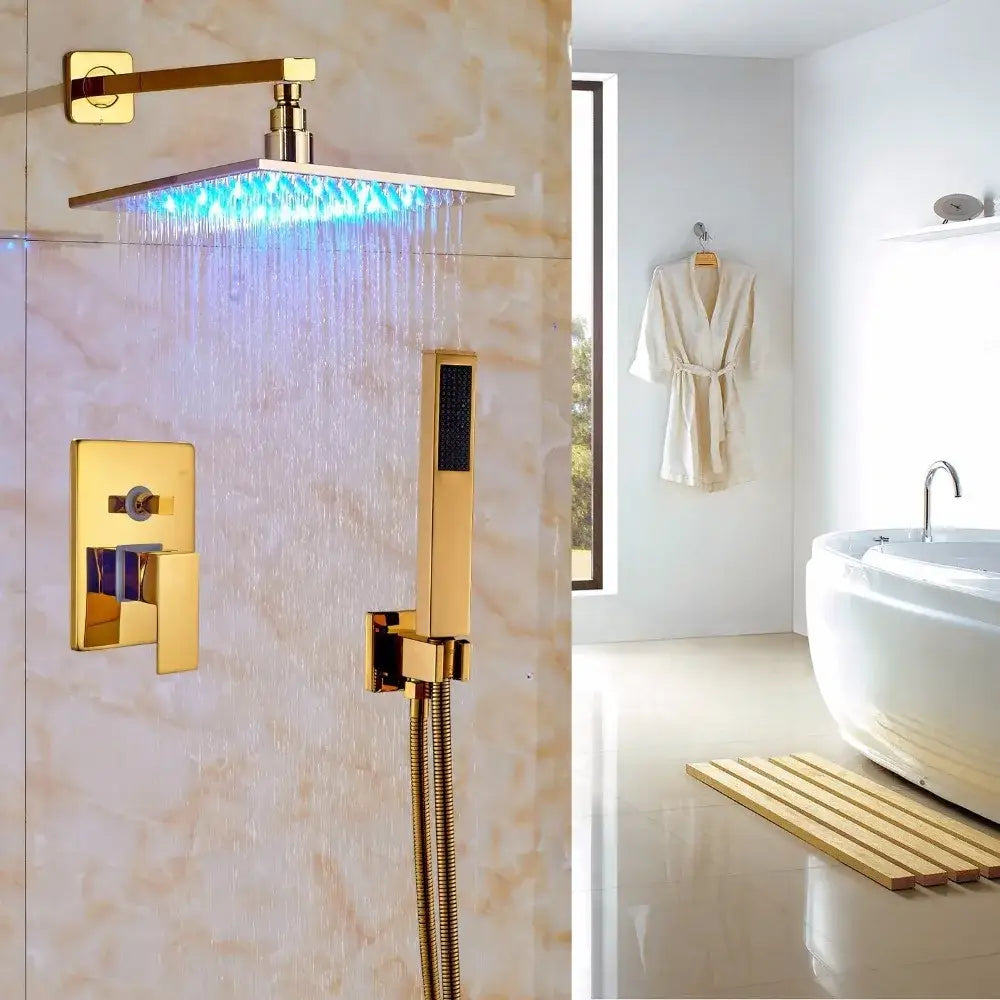 Gold-finished decorbites led rainfall shower set with square rain shower head blue led lighting and handheld spray attachment