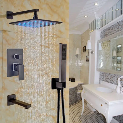 Black matte-finish square rain shower head with blue led lighting in DecorBites led rainfall shower set
