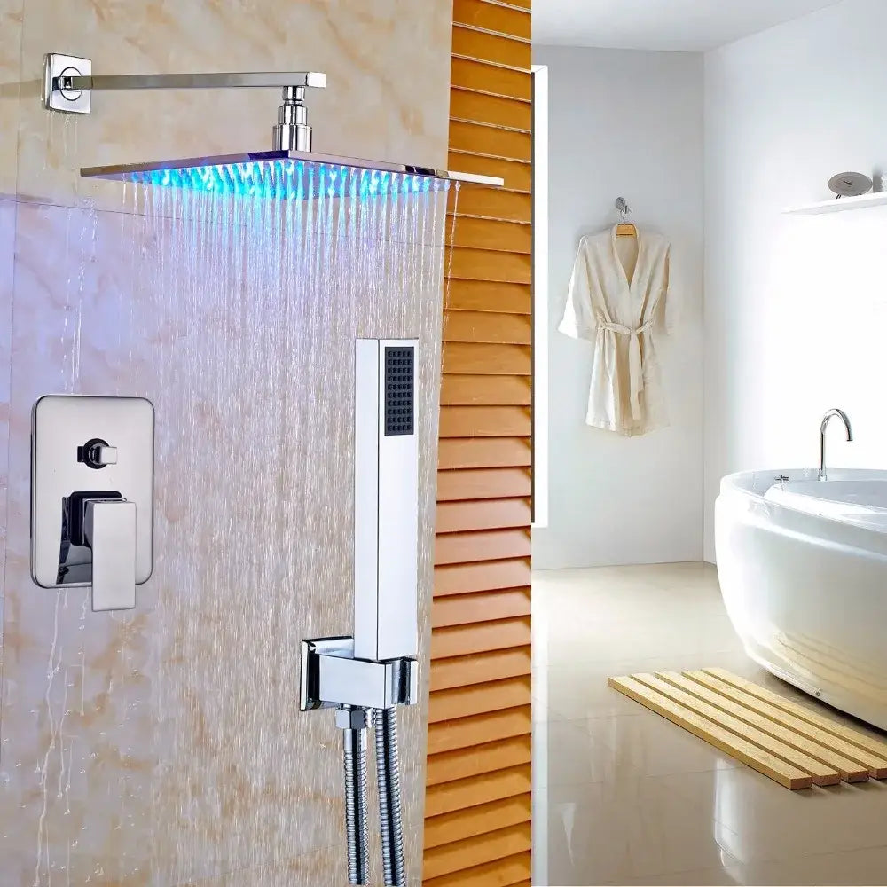 Modern chrome-finished decorbites led rainfall shower set with blue led lighting and matching handheld spray attachment