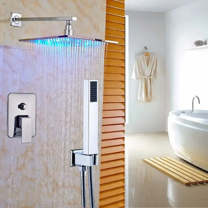Modern chrome-finished decorbites led rainfall shower set with blue led lighting and matching handheld spray attachment