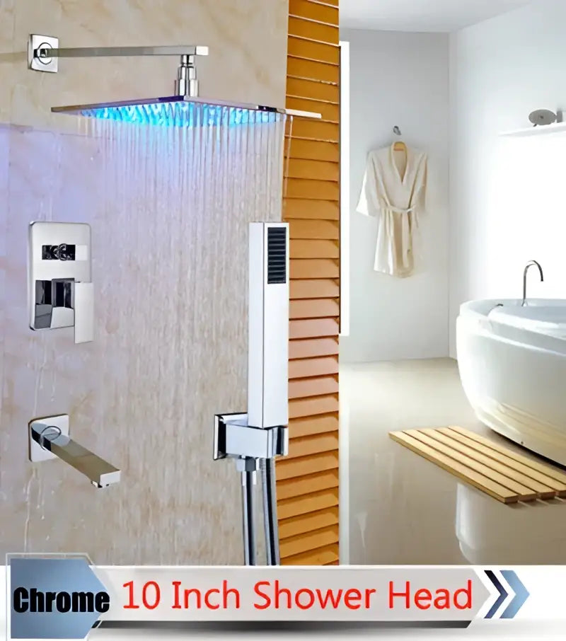 Chrome finished 10 inch square shower head with integrated blue led lighting from decorbites led rainfall shower set