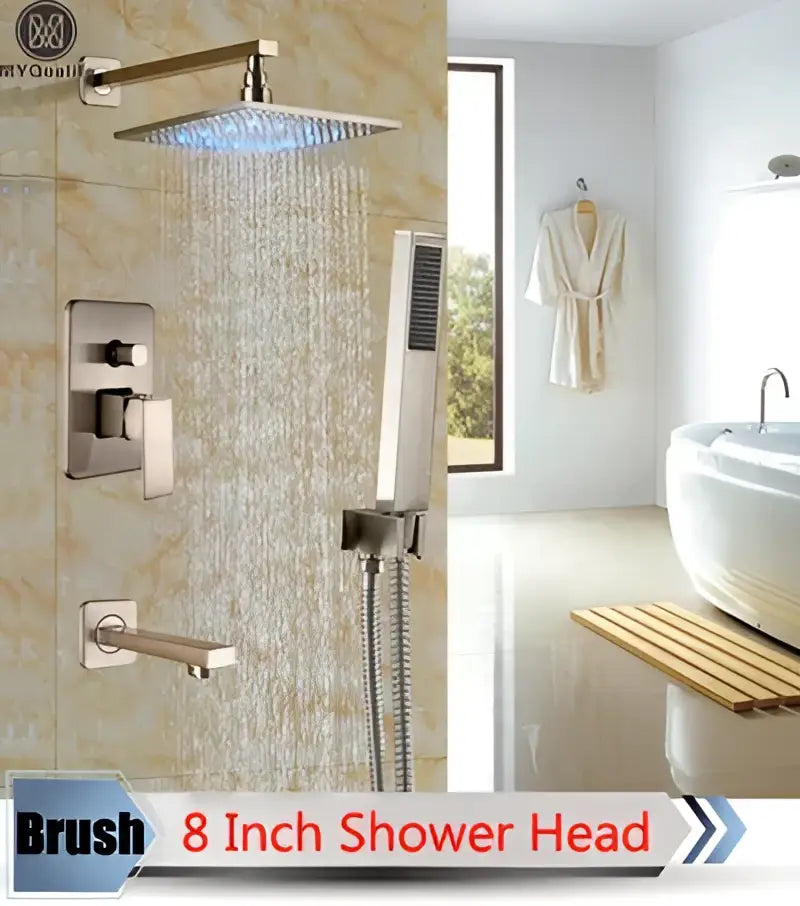 Brush 8 inch shower head in brushed stainless steel finish part of decorbites led rainfall shower set