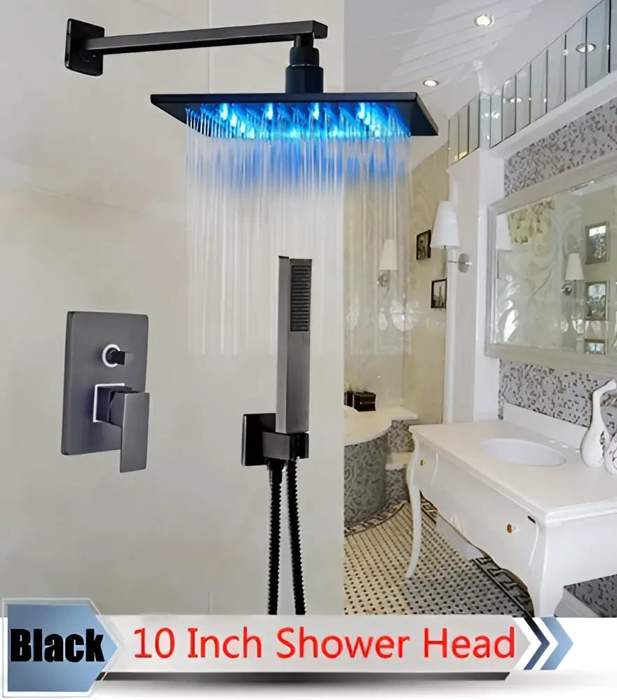 Black 10 inch square shower head with blue led lighting from decorbites led rainfall shower set