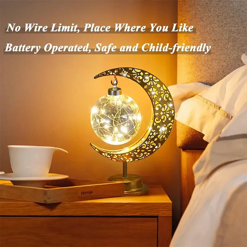 DecorBites led Ramadan table lamp featuring a crescent moon frame with warm glowing orb LED Ramadan moon light