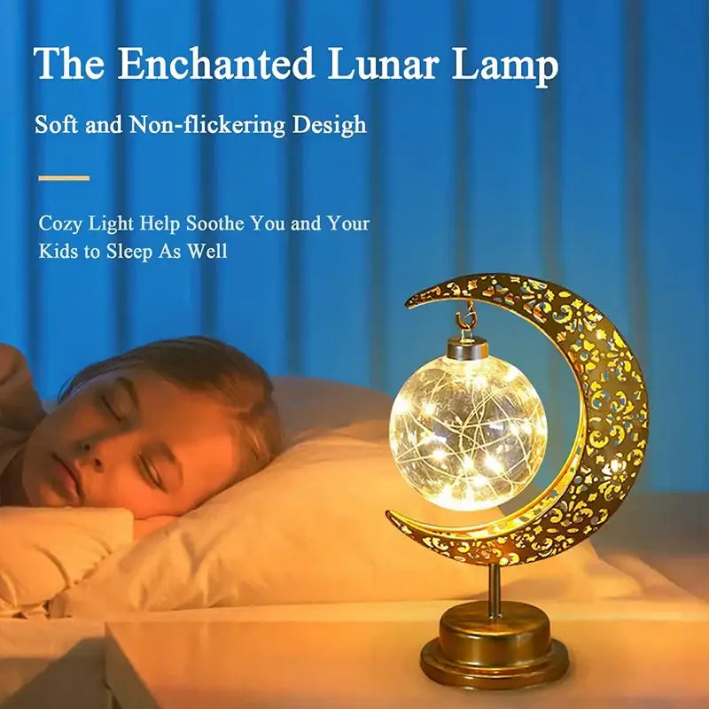 Golden crescent moon-shaped decorbites led ramadan table lamp with intricate cut-out patterns and glowing fairy lights orb