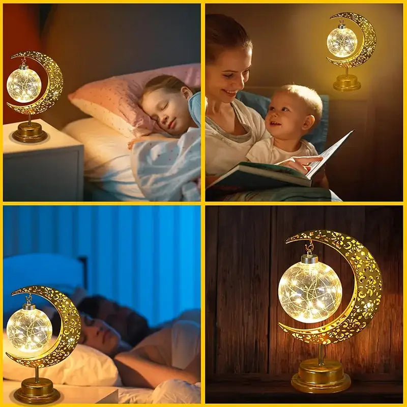 Golden crescent moon-shaped table lamp with intricate cut-out patterns and glowing orb by decorbites led ramadan moon