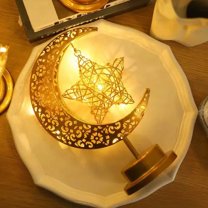 DecorBites led ramadan table lamp with golden crescent moon star filigree design for eid decoration lighting
