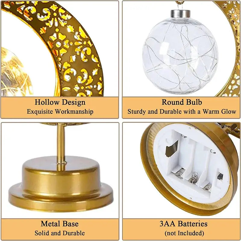 Gold-toned crescent moon table lamp with intricate cut-outs and warm fairy lights decorbites led ramadan moon night light