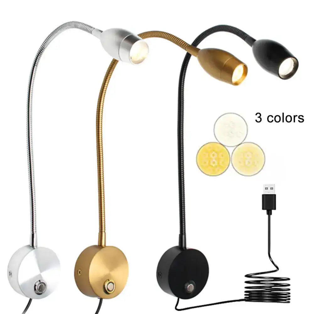 Three decorbites led reading flexible gooseneck desk lamps in silver gold and black with usb charging cables