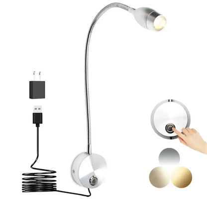 Silver decorbites led reading light with flexible gooseneck, adjustable head, multiple modes, and dimmable switch