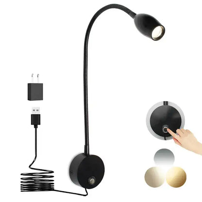 Black flexible gooseneck decorbites led reading light with adjustable led head and touch-sensitive dimmable control base
