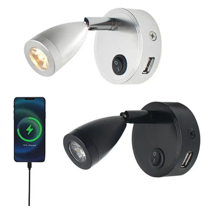 Silver and black DecorBites LED reading light with USB port 2W 3 color for RV boat caravan trailer wall mounted