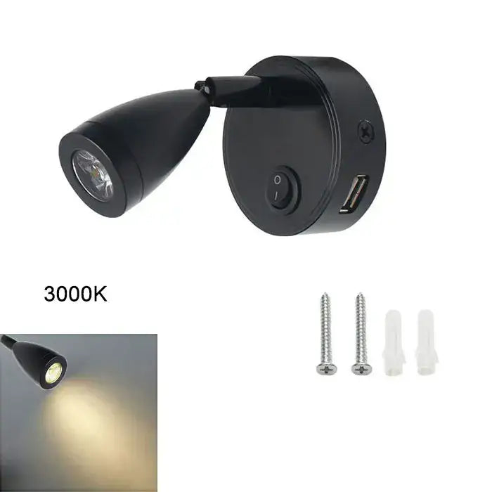 Black decorbites led reading light spotlight with adjustable head, circular base, power switch, and usb port for rv use