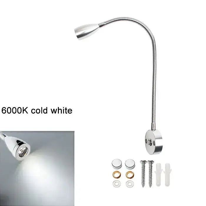Silver flexible gooseneck decorbites led reading wall lamp with cold white 6000k led head and adjustable mounting hardware