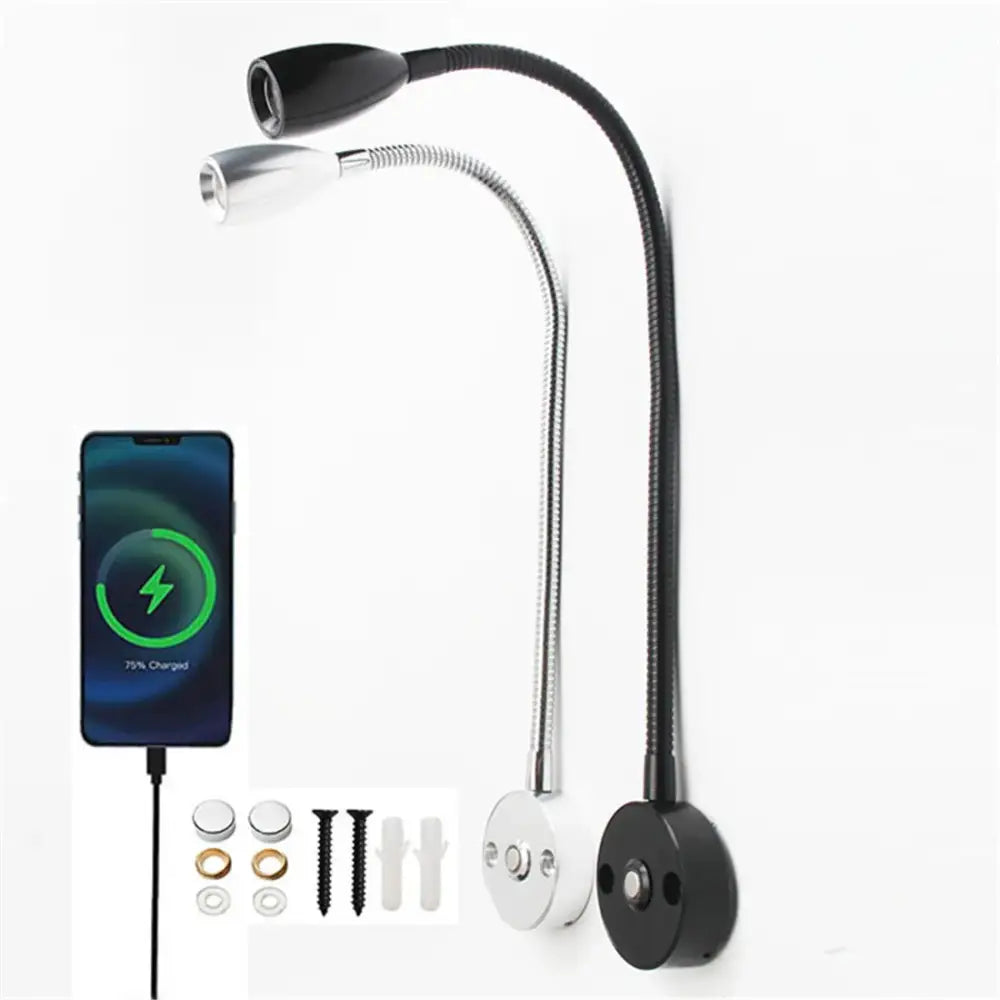 Black and silver DecorBites LED reading light wall lamp with flexible gooseneck and adjustable LED light heads