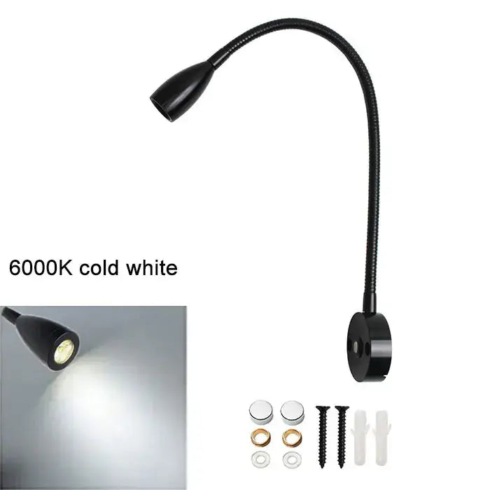 Black flexible gooseneck led reading light with cold white 6000k bulb and usb port by decorbites wall lamp