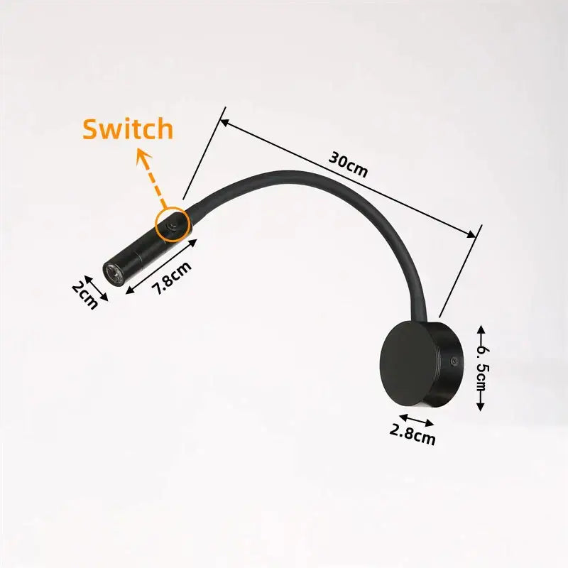 Black flexible DecorBites LED reading wall lamp with 30cm articulated arm and switch for bedroom study use