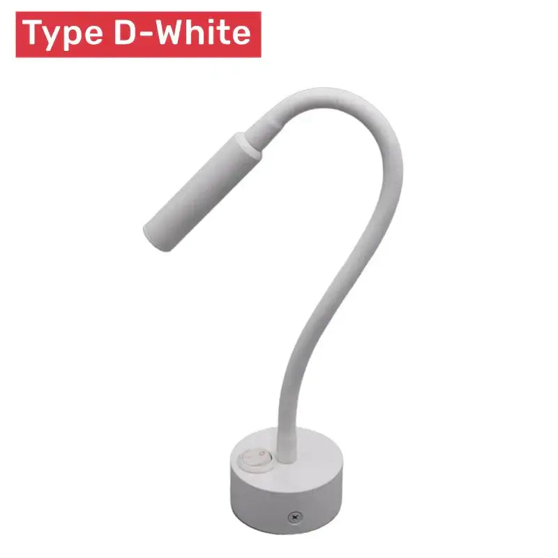 White decorbites led reading wall lamp with flexible gooseneck and cylindrical head for bedroom study lighting