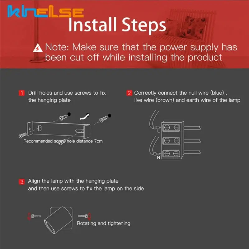 Installation instructions for decorbites led reading wall lamp with 350º rotation showing screw mounting steps
