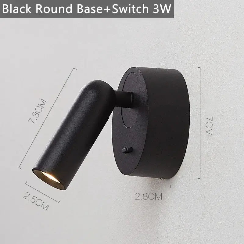 Black round decorbites led reading wall lamp with 3w switch and adjustable head for bedside lighting