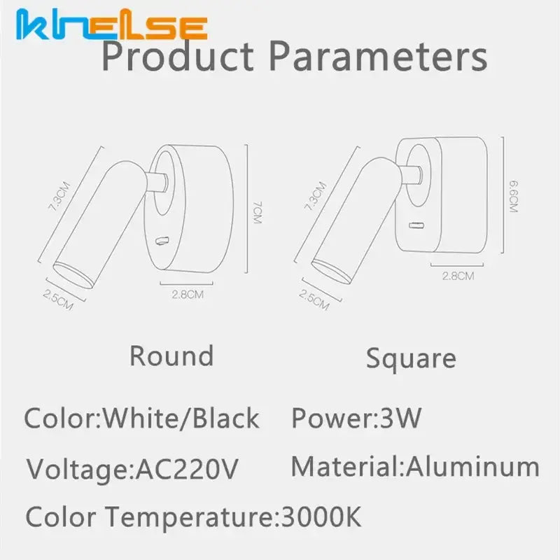 Decorbites led reading wall lamp in white or black aluminum with 3w power and 350 degree rotation for home decor