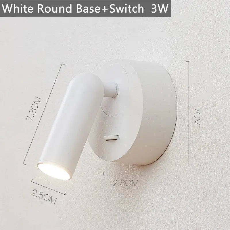 White round base decorbites led reading wall lamp with 3w switch and adjustable head for bedside use