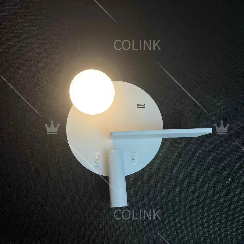 White modern wall lamp decorbites led reading with spherical bulb and integrated shelf for nordic style lighting and storage
